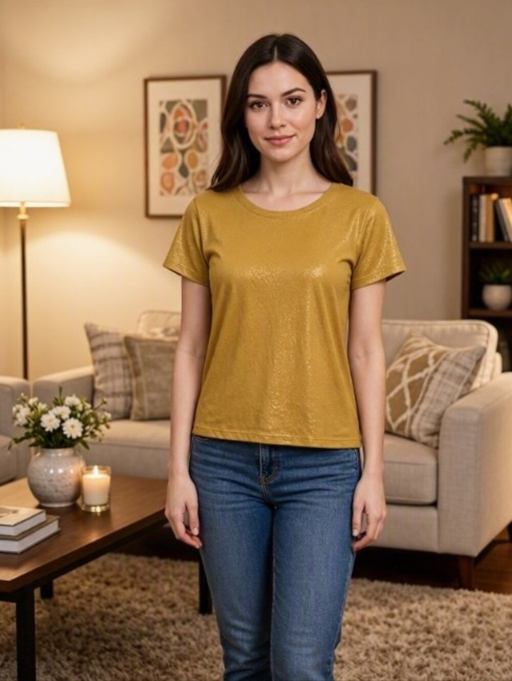 Apostrophe Muted Gold Metallic Short Sleeve Tee Shirt Top size M